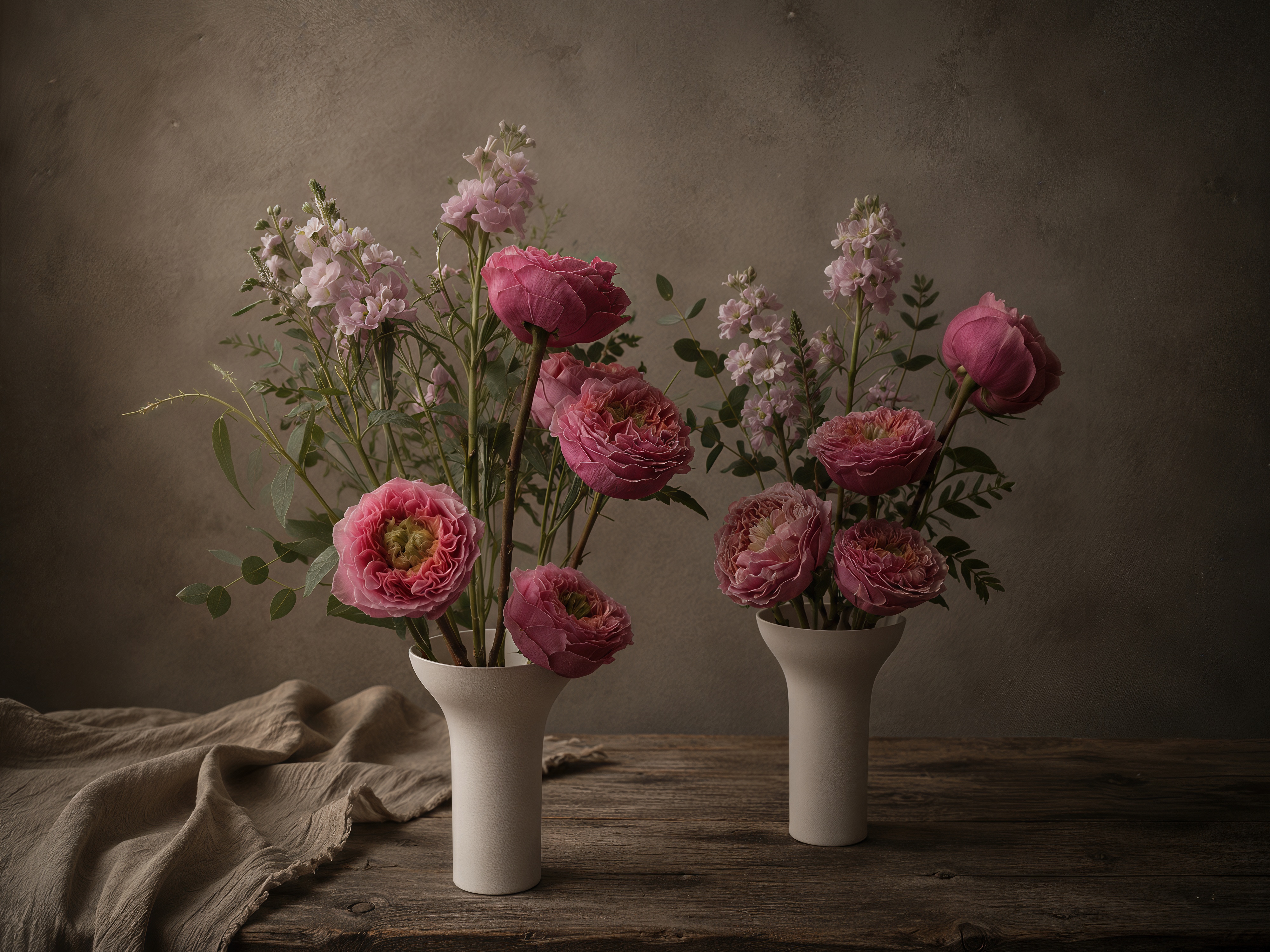 Fine-art floral arrangement featuring pink garden roses, pale pink stock, and delicate greenery displayed in two modern white ceramic vessels. The flowers are arranged with generous negative space and photographed on a weathered wood table against a warm taupe background with soft directional light.